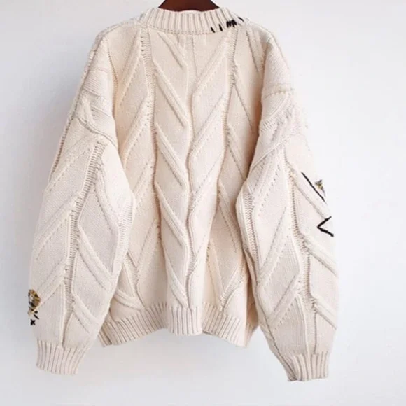 Cable Knit Cozy Embroidered Cardigan Sweater Size M - Picture 5 of 10